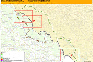 Přehledová mapa s výběrem lokalit pro zlepšení biotopů a vyznačením mapových úseků 1 - 3