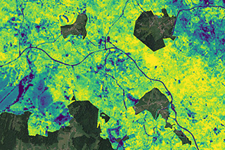 Luftbild überlagert mit Satellitendaten, die die Photosyntheseaktivität der Vegetation im Nationalpark abbilden.