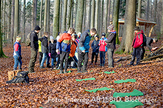 Gruppe von Schülern mit Referenten im Wald