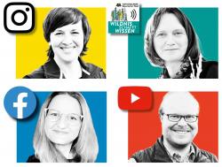 Flink und kreativ: Das Nationalpark-Presseteam mit Annette Nigl (oben links), Elke Ohland (oben rechts), Sandra Schrönghammer und Gregor Wolf. Nicht im Bild, aber verantwortlich für die gute Optik auf allen Kanälen sind Grafikerin Annemarie Schmeller und Webdesigner Andreas Stumpp. Fotos: Daniela Blöchinger/Sandra Schrönghammer - Grafik: Annemarie Schmeller