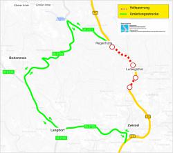 Während der drei Wochen Bauzeit an der B11 ist das Nationalparkzentrum Falkenstein über Umleitungen erreichbar. (Grafik: Staatliches Bauamt Passau)