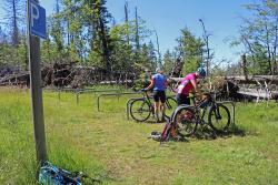 An den Absperrbügeln am Fahrradparkplatz unterhalb des Hochschachtens können die Räder abgestellt und abgesperrt werden. (Fotos: Annette Nigl/Nationalpark Bayerischer Wald)