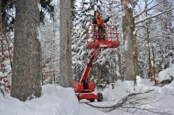 Im westlichen Bereich des Tier-Freigeländes wird weiter an der Beseitigung von Gefahrenquellen gearbeitet. Dafür ist eine speziell ausgestattete Hubbühne im Einsatz. (Foto: Hans Kiener/Nationalpark Bayerischer Wald)