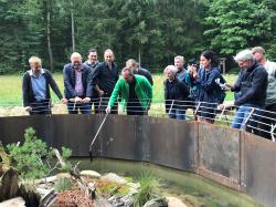 Gekonnt setzte Umweltminister Thorsten Glauber (Mitte) mit Hilfe von Reptilienexperte Paul Hien (4.v.r.) die Kreuzotter ins Gehege ein. (Foto: Elke Ohland /Nationalpark Bayerischer Wald)