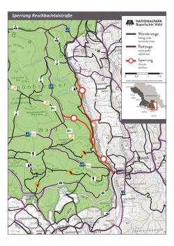 Mit Schildern wird vor Ort auf den gesperrten Bereich rund um die Reschbachstraße hingewiesen. (Grafik: Julia Zink / Nationalpark Bayerischer Wald)