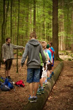 Commerzbank-Praktikanten betreuen im Nationalpark unter anderem Kindergruppen – wie hier im Waldspielgelände. (Foto: Irene Gianordoli/Nationalpark Bayerischer Wald)