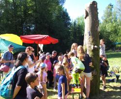 Nach zwei Jahren Pause kann in diesem Jahr das Spechtfest wieder im Waldspielgelände stattfinden. Auf die Familien warten zahlreiche Mitmach- und Quizstationen. (Foto: Jolie Organista/Nationalpark Bayerischer Wald ¬  –  Freigabe nur in Verbindung mit dem Veranstaltungshinweis)