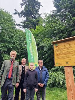 Freuen sich, dass die Waldhaustanne nun Nationalerbe-Baum ist: Nationalparkleiter Dr. Franz Leibl (v.r.), Baummelder Tobias Friedrich, Bürgermeister Michael Herzog und Prof. Andreas Roloff von der Initiative „Nationalerbe-Baum“. (Foto: Nationalpark Bayerischer Wald)