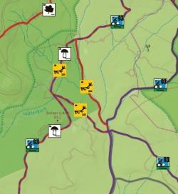 Kartenausschnitt mit den markierten Wanderwegen rund um das Wildschutzgebiet Neuhüttenwiese.
