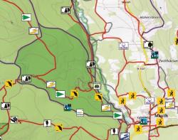 Kartenausschnitt mit den markierten Wanderwegen rund um das Wildschutzgebiet Riedlhäng.