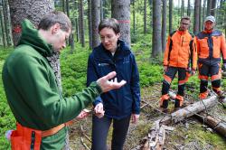 Nationalparkleiterin Ursula Schuster war zusammen mit Till Clos, dem Leiter der Nationalpark-Dienststelle Finsterau (v.l.), sowie den beiden Forstwirten Matthias Kropf und Johannes List bei der ersten Suche nach vom Borkenkäfer befallenen Fichten dabei. (Foto: Julia Reihofer / Nationalpark Bayerischer Wald)