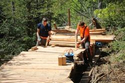 Maximilian Faschingbauer und Johannes List, Azubis beim Nationalpark, beim Bau der mittlerweile fertiggestellten Plattform nebst Bohlensteg. (Foto: Elke Ohland/Nationalpark Bayerischer Wald)