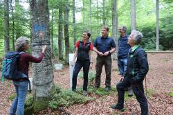 Dr. Peter Pröbstle, Präsident der Landesanstalt für Wald und Forstwirtschaft (r.), im intensiven Austausch mit Nationalparkmitarbeiterin Dr. Angelika Kölbl (v.l.), Nationalparkleiterin Ursula Schuster und den Sachgebietsleitern Prof. Jörg Müller und Prof. Marco Heurich. (Foto: Annette Nigl / Nationalpark Bayerischer Wald)