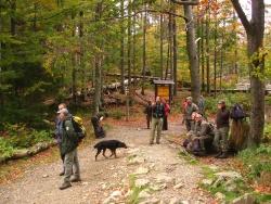 Die Ranger der Nationalparke Bayerischer Wald und Šumava genießen mit dem Leiter der Nationalparkwacht Josef Erhard (mitte) die grandiose Herbststimmung im Urwald am Rachelsee.