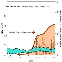 Die Nitratkonzentrationen im Einzugsgebiet der „Großen Ohe“ reagierten nur mit geringfügigen Schwankungen auf Borkenkäferausbrüche und blieben in der Regel immer auf dem Niveau nährstoffarmer natürlicher Gewässer (unter 10 mg/l). Relevante Trinkwassergrenzwerte (50 mg/l nach WHO) wurden nicht annähernd von den Entwicklungen tangiert.